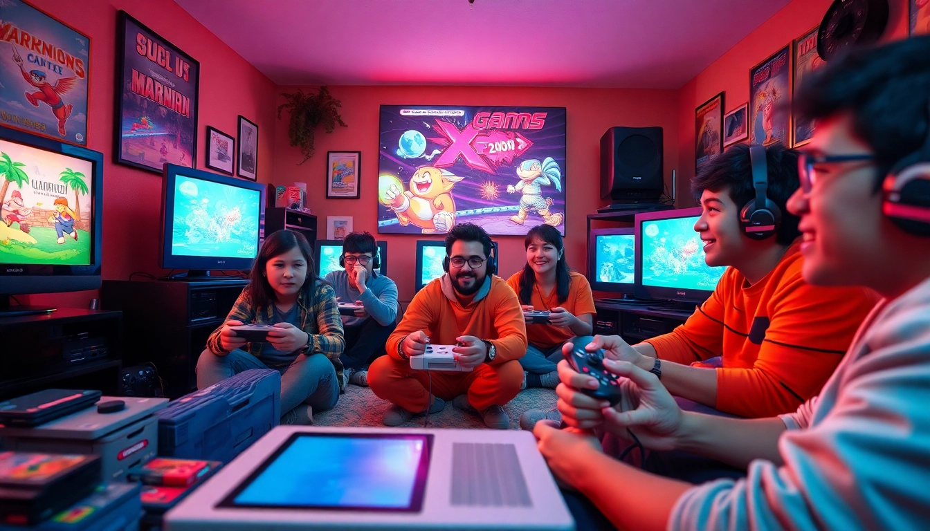 Gamers joyfully playing retro games together on classic consoles with a nostalgic atmosphere.