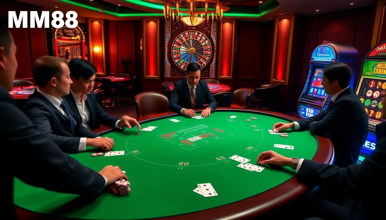 MM88 players enjoy a thrilling poker game at a luxurious online casino table with vibrant chips and cards.