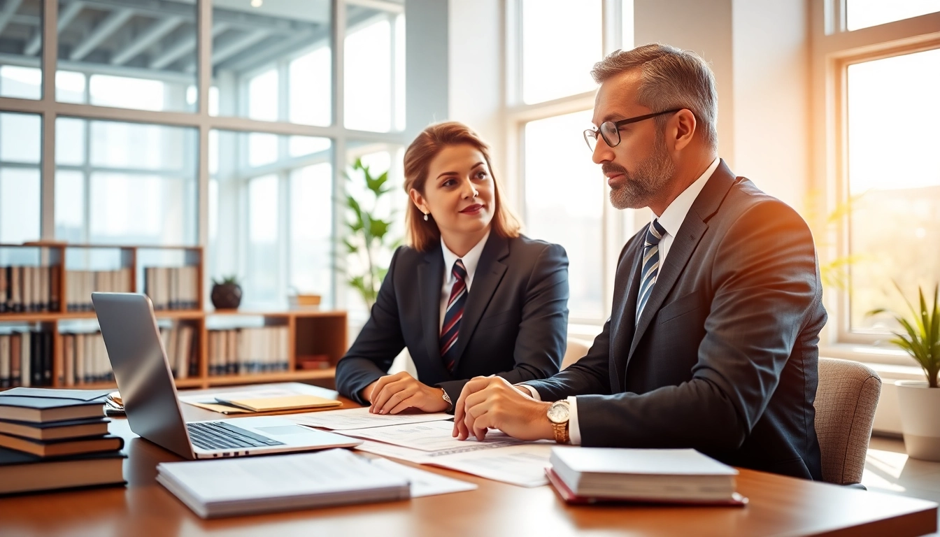 Beratung beim Recht und Finanzen Ratgeber in einem modernen Büro mit relevanten Dokumenten.