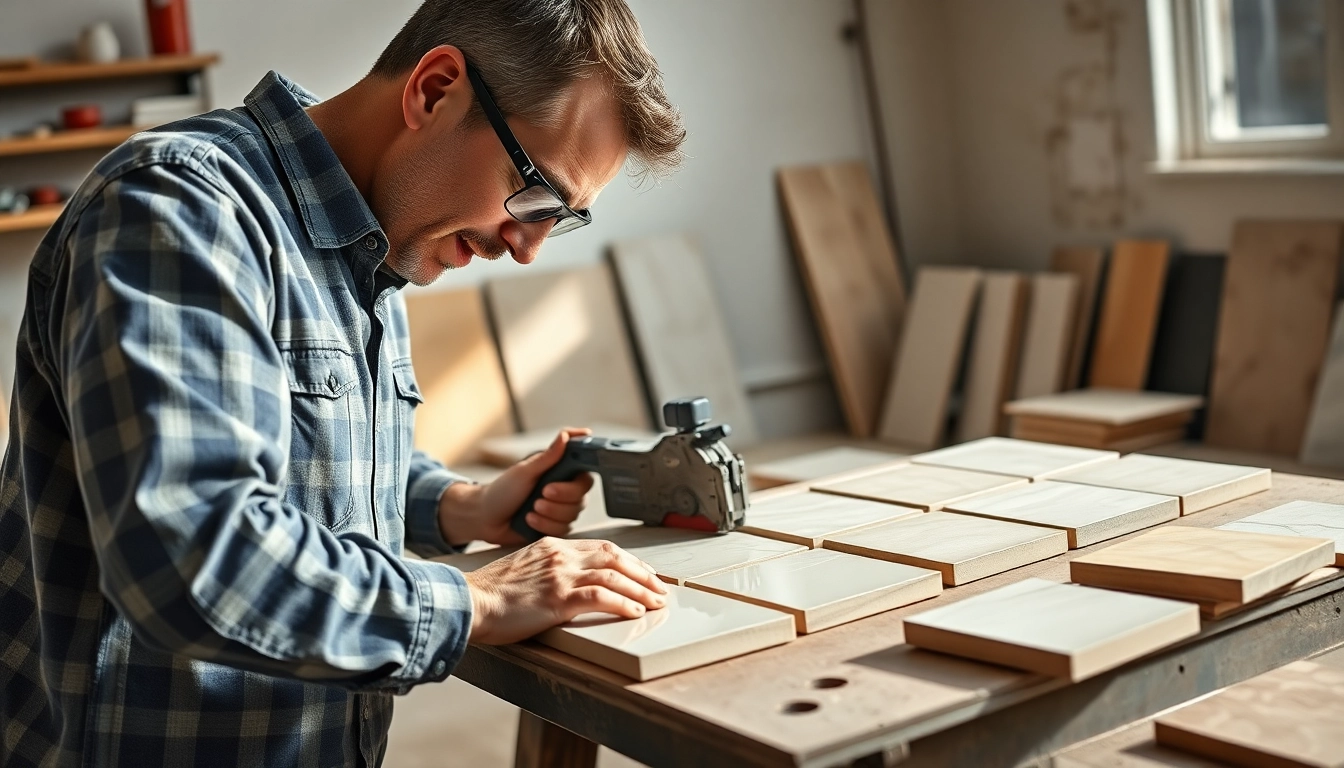 Experte Künstler verwendet ein Fliesenmesser, um keramische Fliesen präzise in einer hellen Werkstatt zu schneiden.