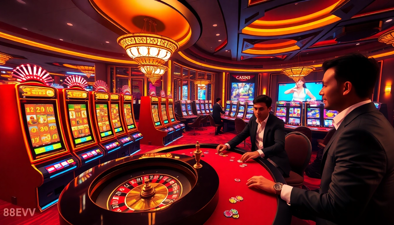 Engage in high-stakes gambling at 88VV, showcasing vibrant slot machines and a roulette wheel.
