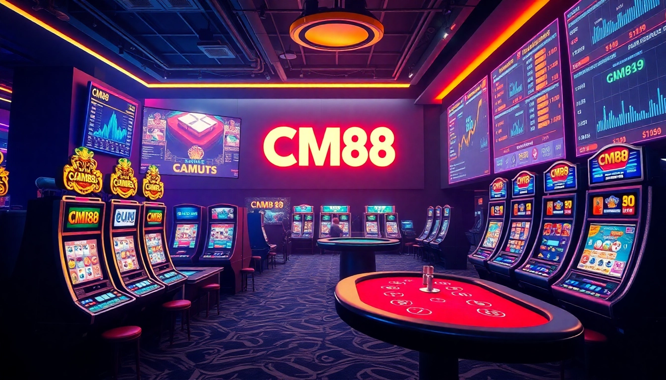 Experience thrilling online gaming with CM88, showcasing vibrant casino elements and engaging visuals.