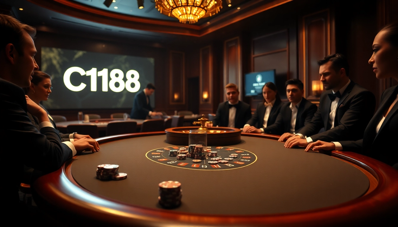 Players engaging in high-stakes poker at a luxurious casino table, capturing the excitement of C168 game strategies.