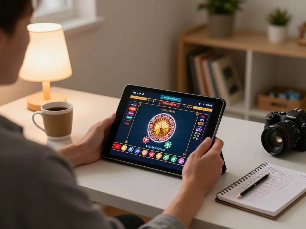 Engaging in online casino betting at https://789win2.us.com/ from a cozy home setup with a tablet displaying a roulette game.
