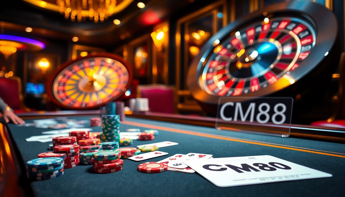 Experience high-stakes poker action at a CM88 casino table with vibrant chips and glimmering cards.