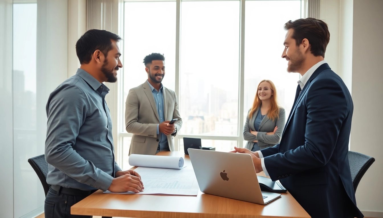 Immobilien Deutschland entdecken und mit einem Agenten in einem modernen Büro diskutieren.