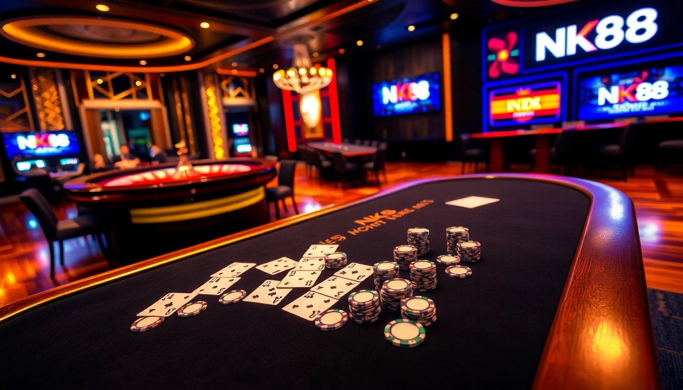 NK88 casino experience with professional poker table and vibrant ambiance
