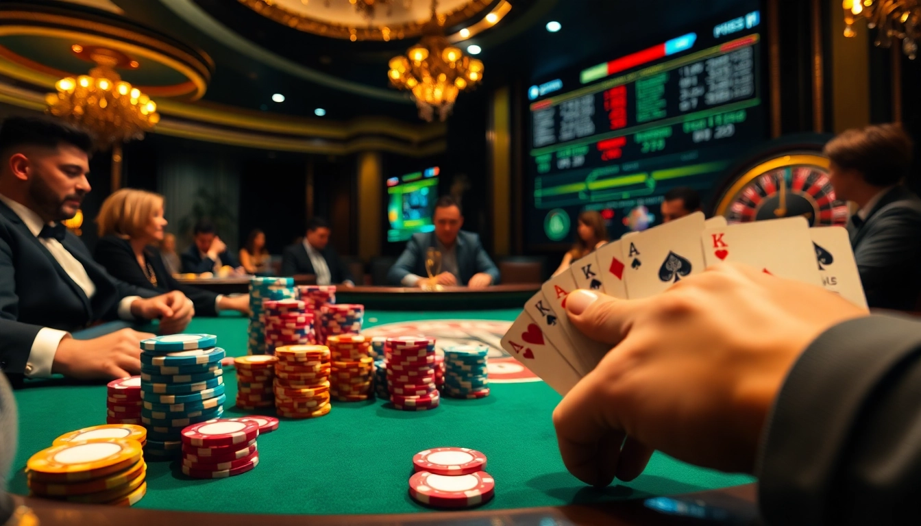 Engaging poker game at a casino with players and okwin betting interface, showcasing excitement and strategy.