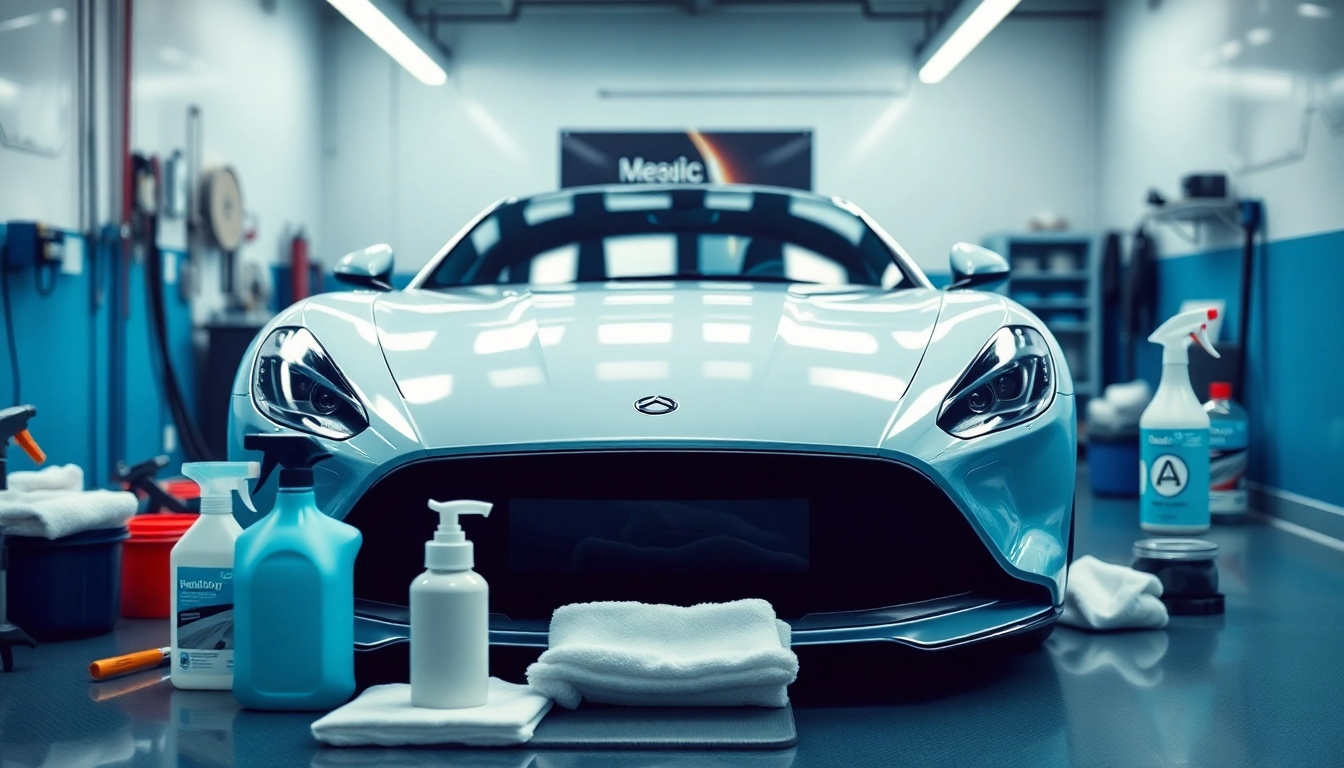 Fahrzeugaufbereitung eines eleganten Autos in einer professionellen Werkstatt.