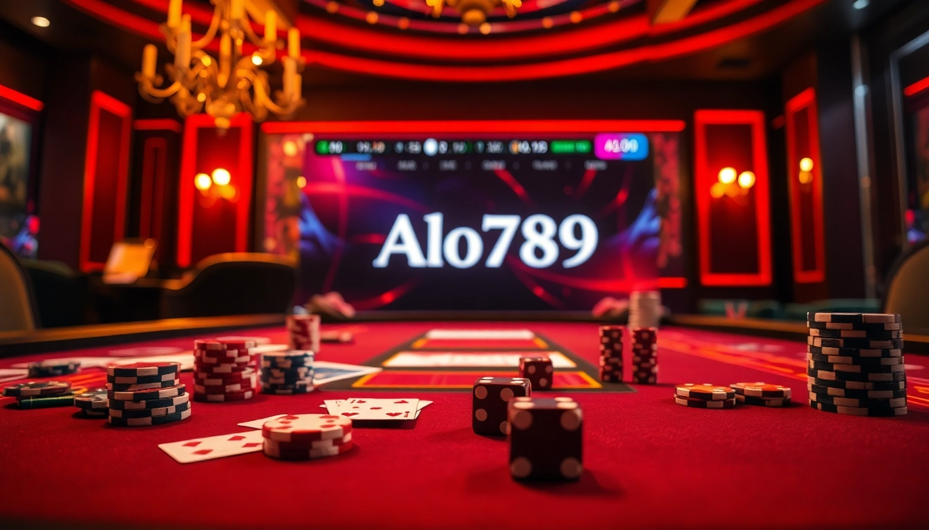 Alo789 đá gà illustrated featuring an elegant casino table with poker chips and cards.