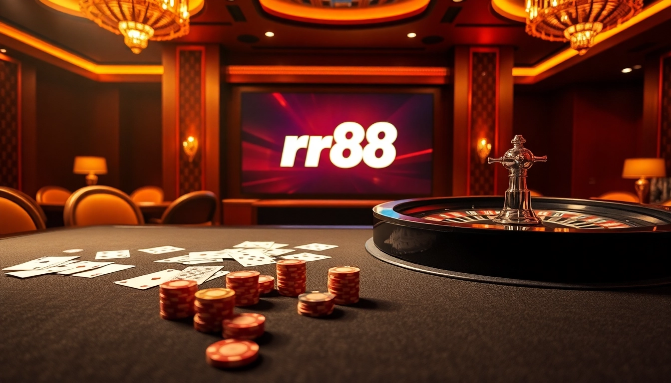 Experience the thrill of rr88 game at an upscale casino table featuring roulette and cards.