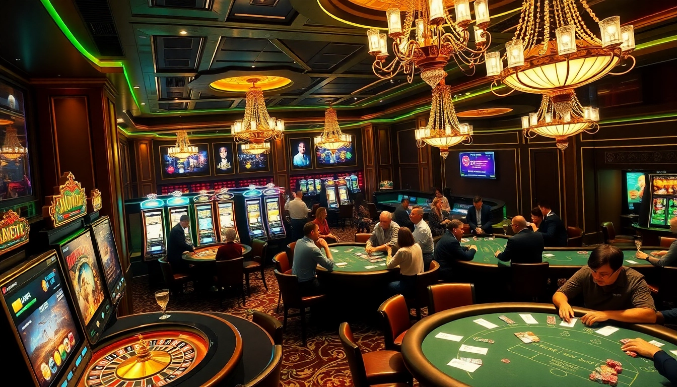 Players enjoying thrilling games at 789P casino, surrounded by vibrant slots and luxurious decor.