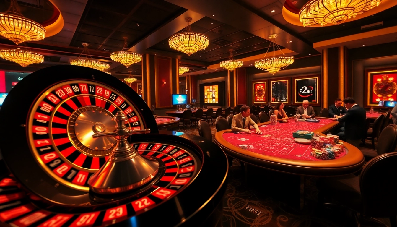 Experience the excitement of E2BET with vibrant casino gaming elements in a luxurious atmosphere.
