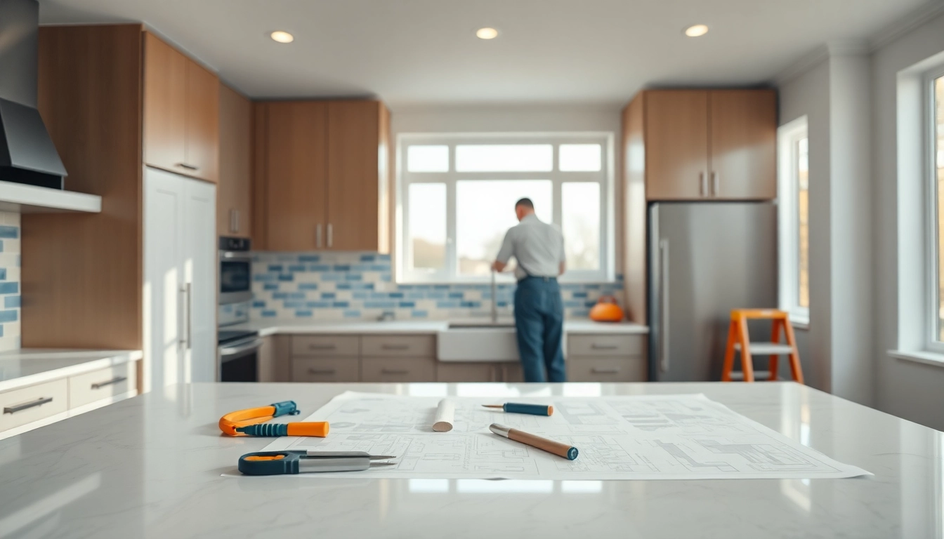 Remodeling a modern kitchen with skilled workers and vibrant design details.