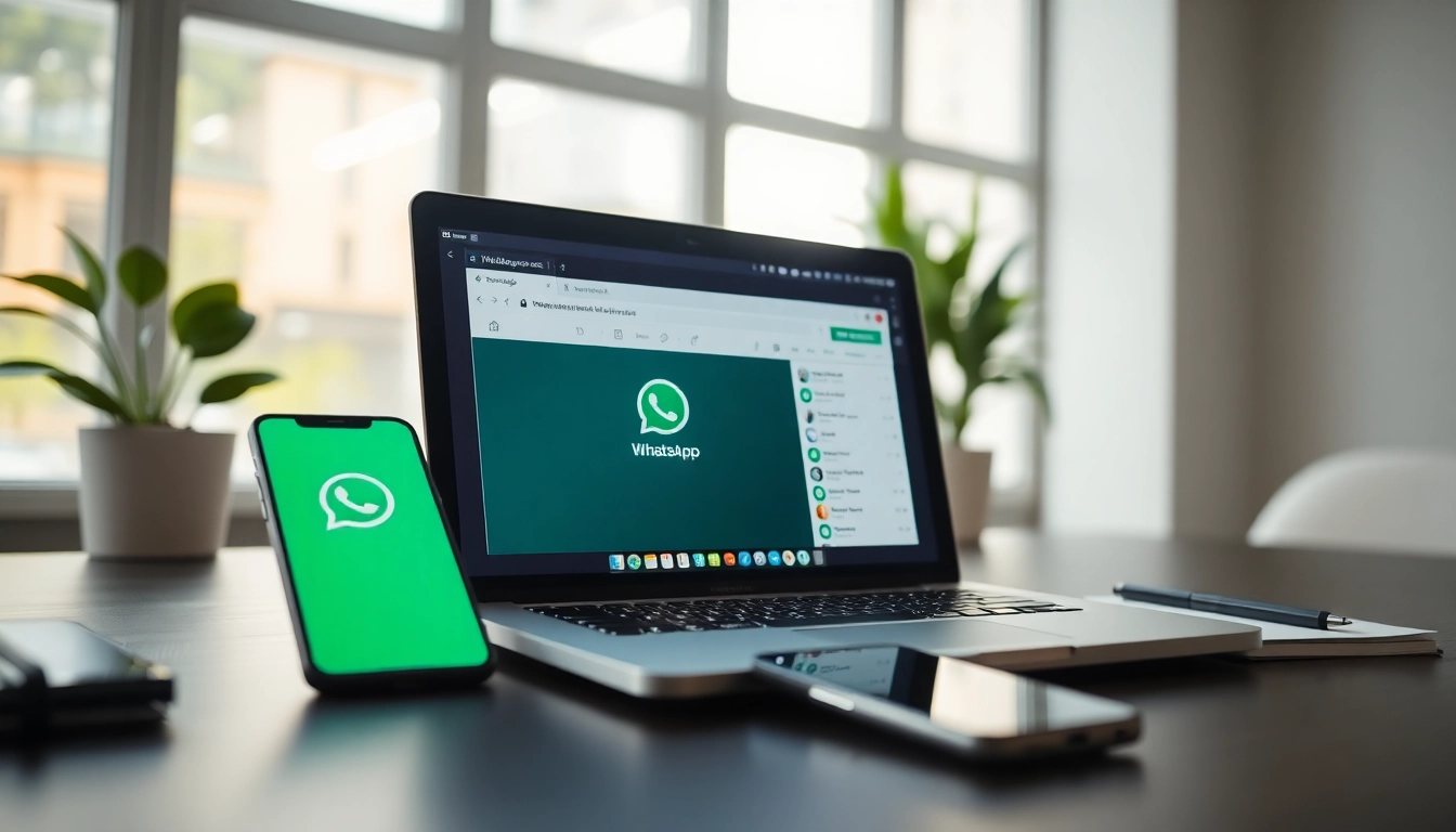 在筆記型電腦與智慧型手機上展示 whatsapp網頁版 的高效工作區。