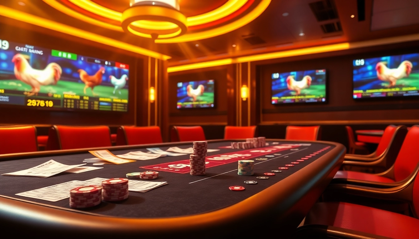 Engage in đá gà trực tiếp gavb79 as you place bets at a luxurious casino table with vibrant visuals.