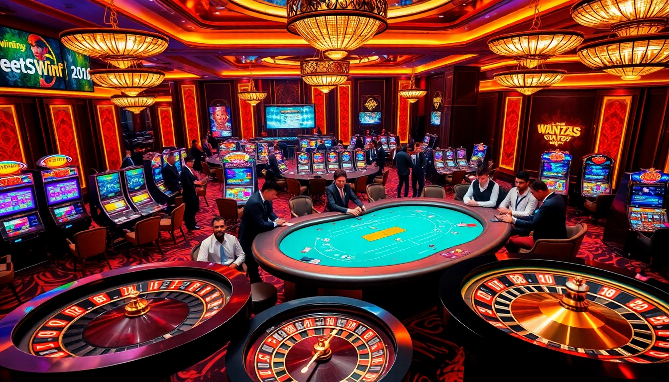 Exciting gameplay scene at nhà cái win78 featuring poker and slot machines in a luxurious casino.