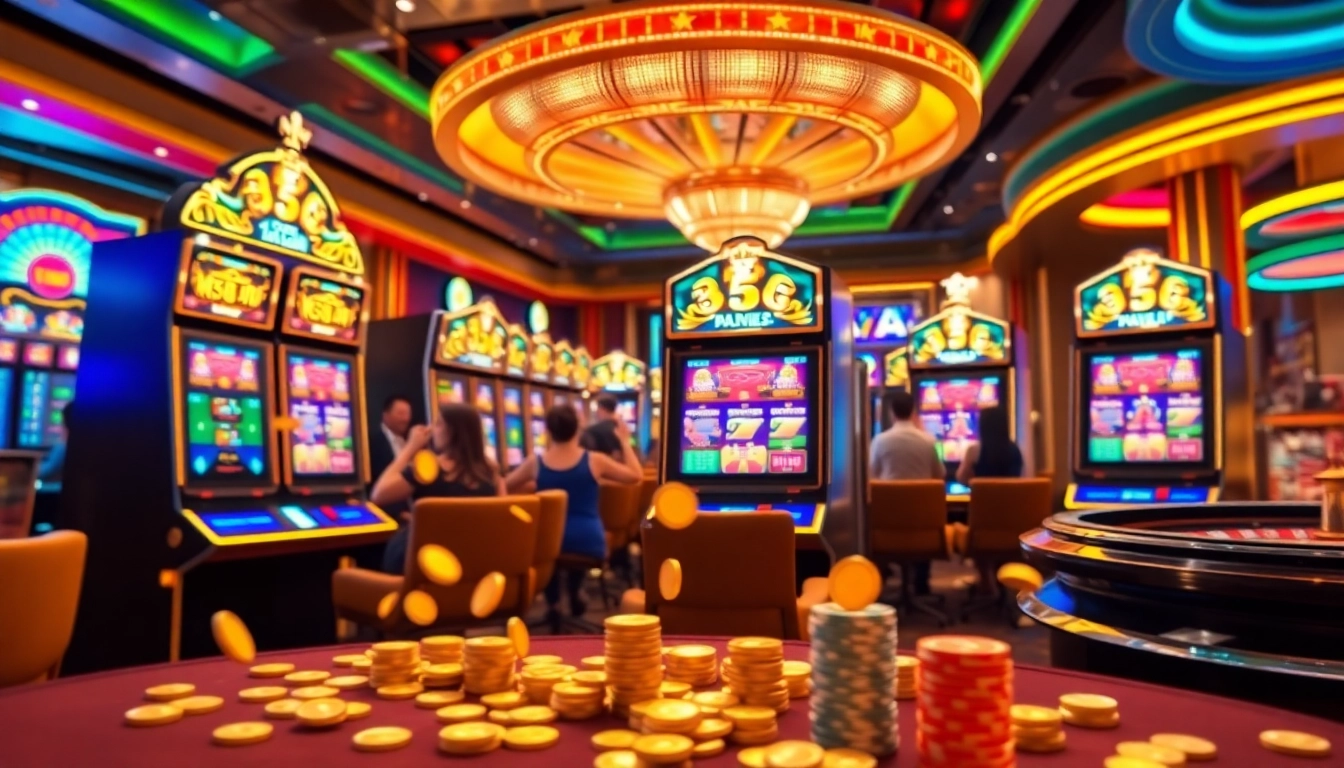 Exciting scene of players winning at Nổ Hũ Uy Tín slot machines in a vibrant casino atmosphere.