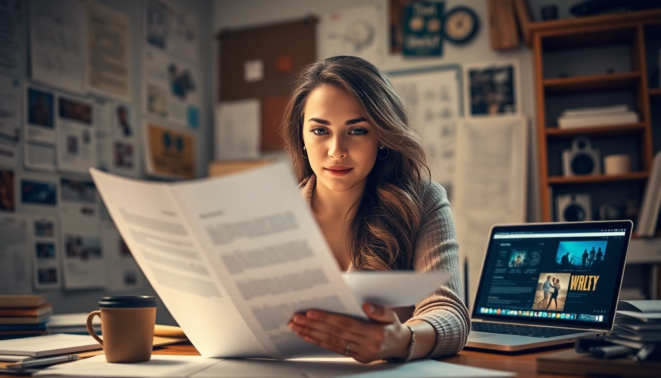 Katherine Kady Allen prüft nachdenklich Filmdrehbücher in einem warmen Studio und verkörpert dabei ihren kreativen Geist.