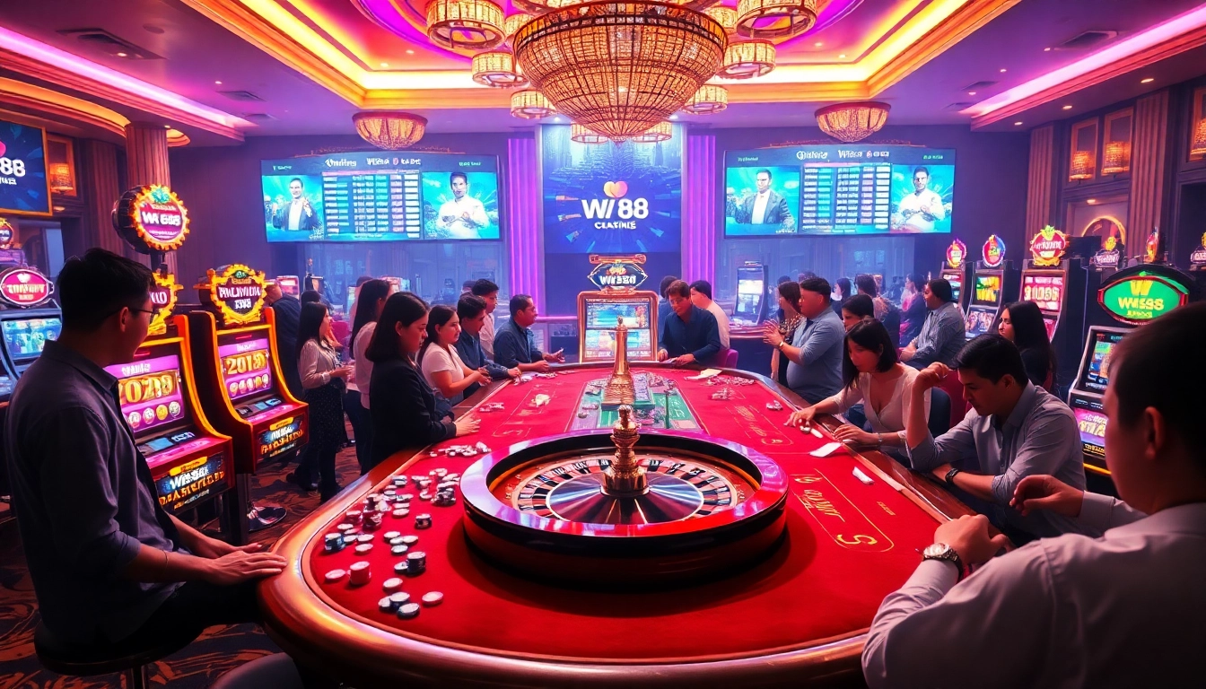 Players enjoy the exciting games at W 88 casino, featuring vibrant casino tables and slot machines.
