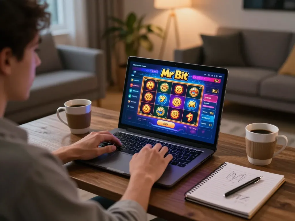 Fesselnde Spielsitzung auf der Mr Bit Casino-App auf einem Laptop, die lebendige Slots präsentiert.