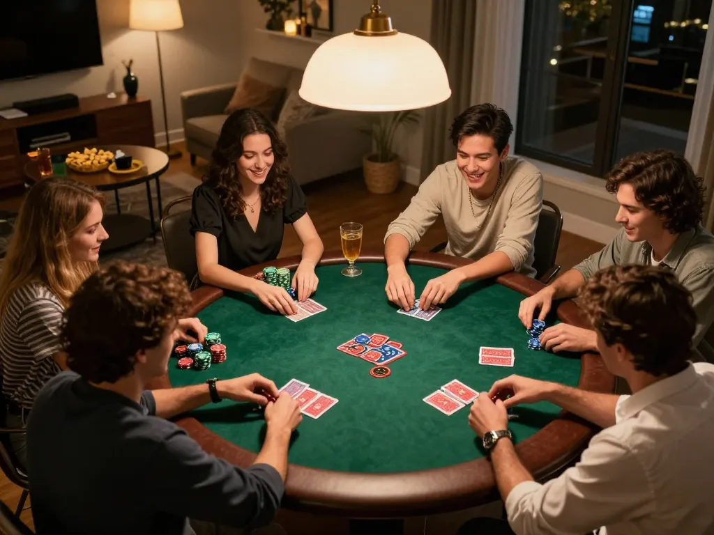 Friendship and excitement during a lively poker game night at home with 5679 strategies in play.