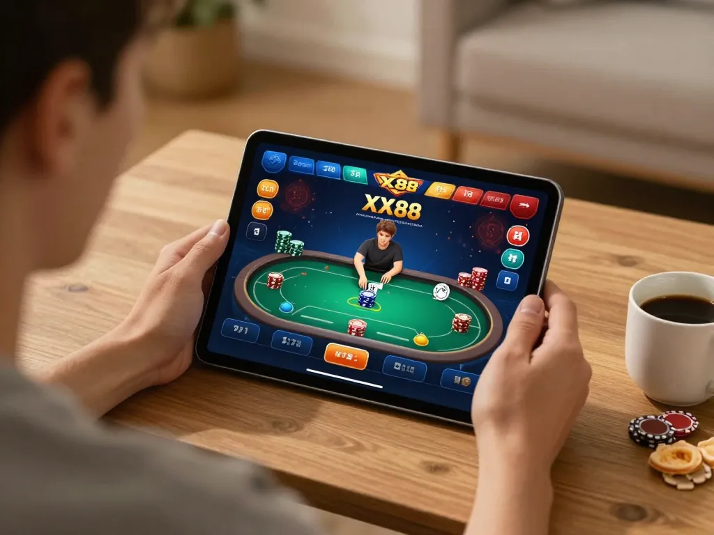 Engaging online poker gameplay on XX88 platform with cozy home setting and responsible gaming atmosphere.