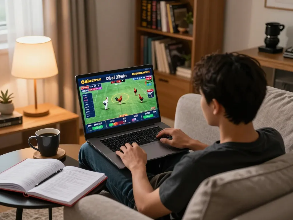 Placing strategic bets in an exciting đá gà 33win online match at home, showcasing dynamic gameplay from my laptop.