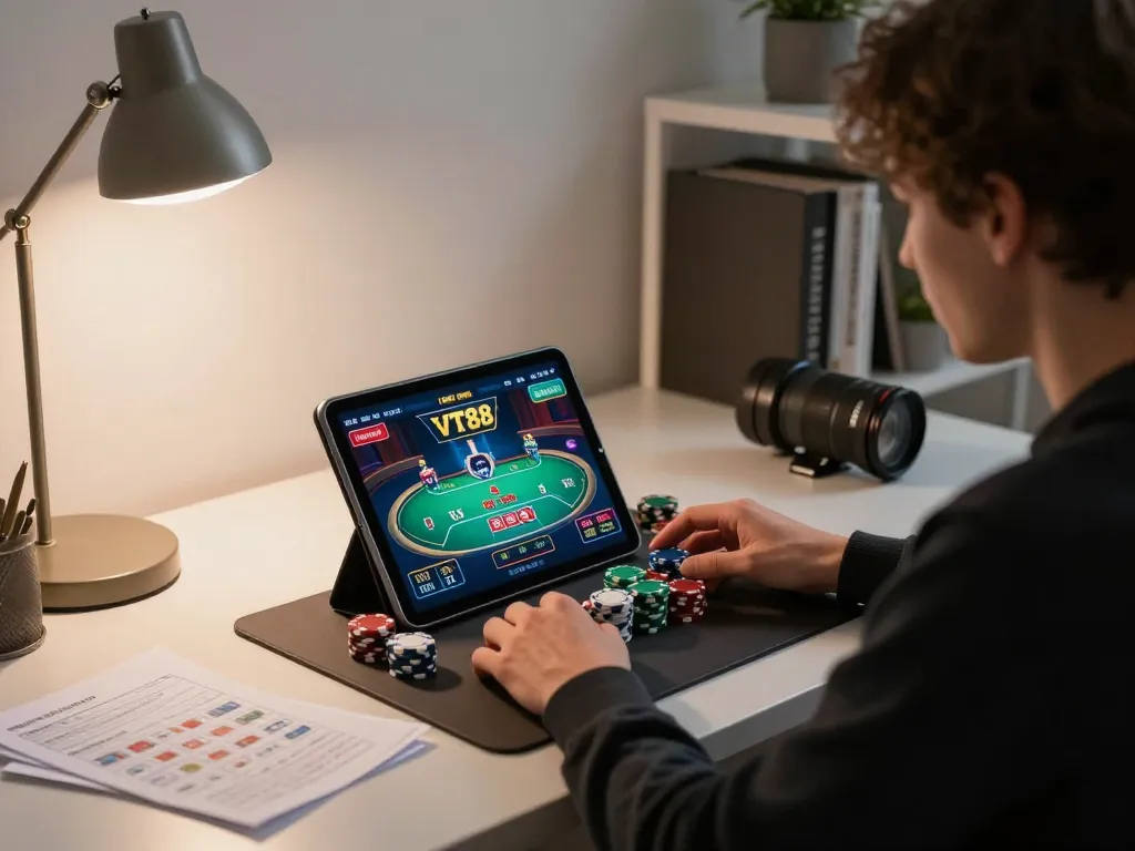 Engaging in poker gameplay at VT88 casino app from a cozy home setup, with colorful chips and strategy notes.