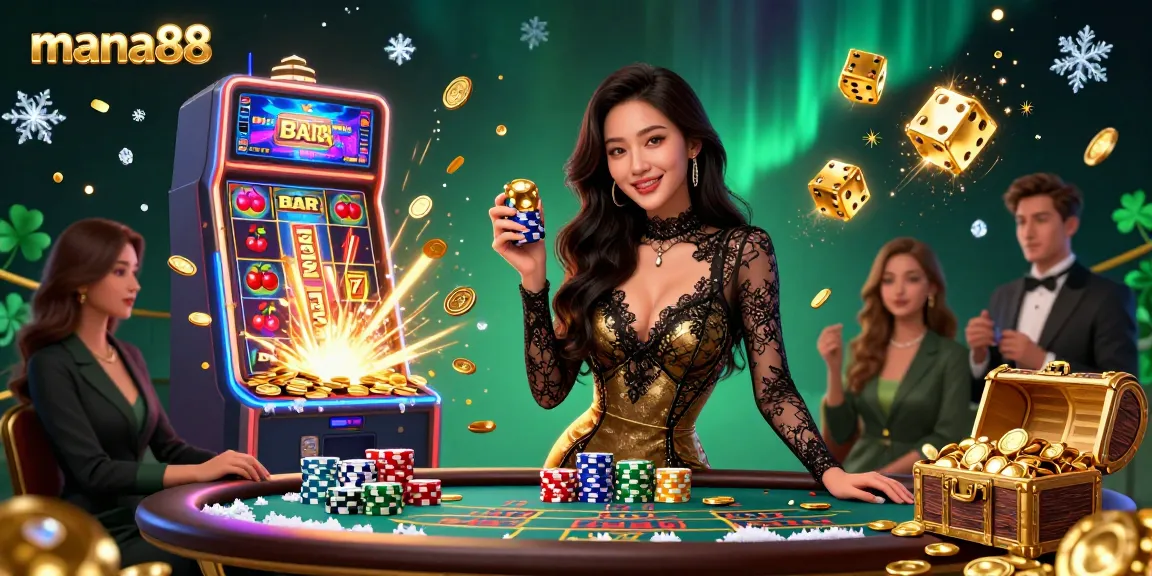 Engage in thrilling action at mana88, featuring a stunning Asian woman with high-value chips amidst vibrant casino elements.