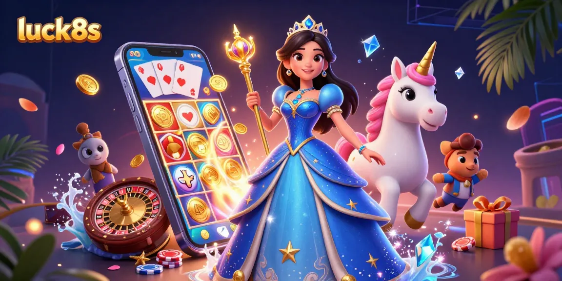 Spin the reels at luck8s with exciting games and treasures flowing from every corner in this immersive casino scene.