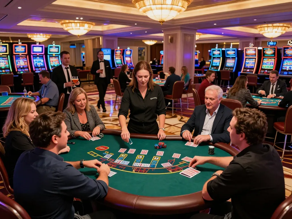 NoHu blackjack excitement with players placing bets, vibrant casino atmosphere, thrilling gameplay.