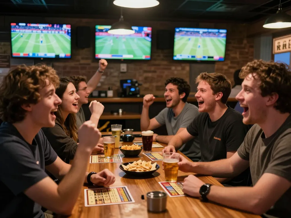 Engaged fans celebrating a win with sports betting slips at a vibrant sports bar, reflecting the excitement of บ้านผลบอล7m.