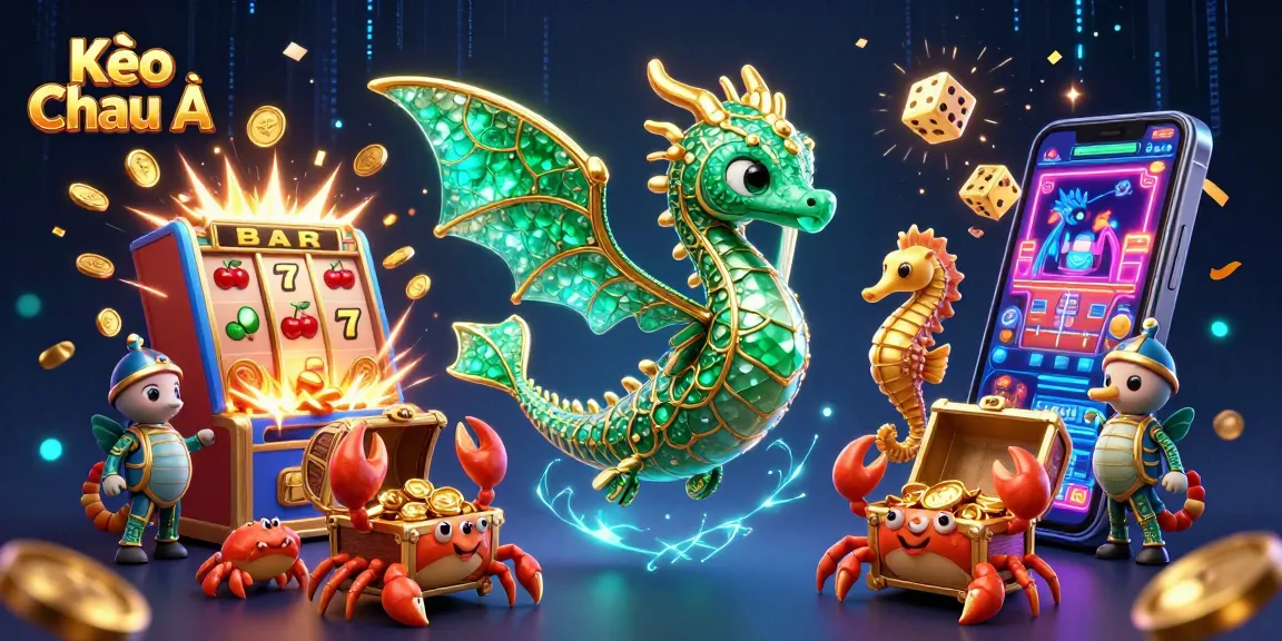 Engage with Kèo Châu Á, illustrated by a vibrant sea dragon and dynamic slot elements in a casino scene.
