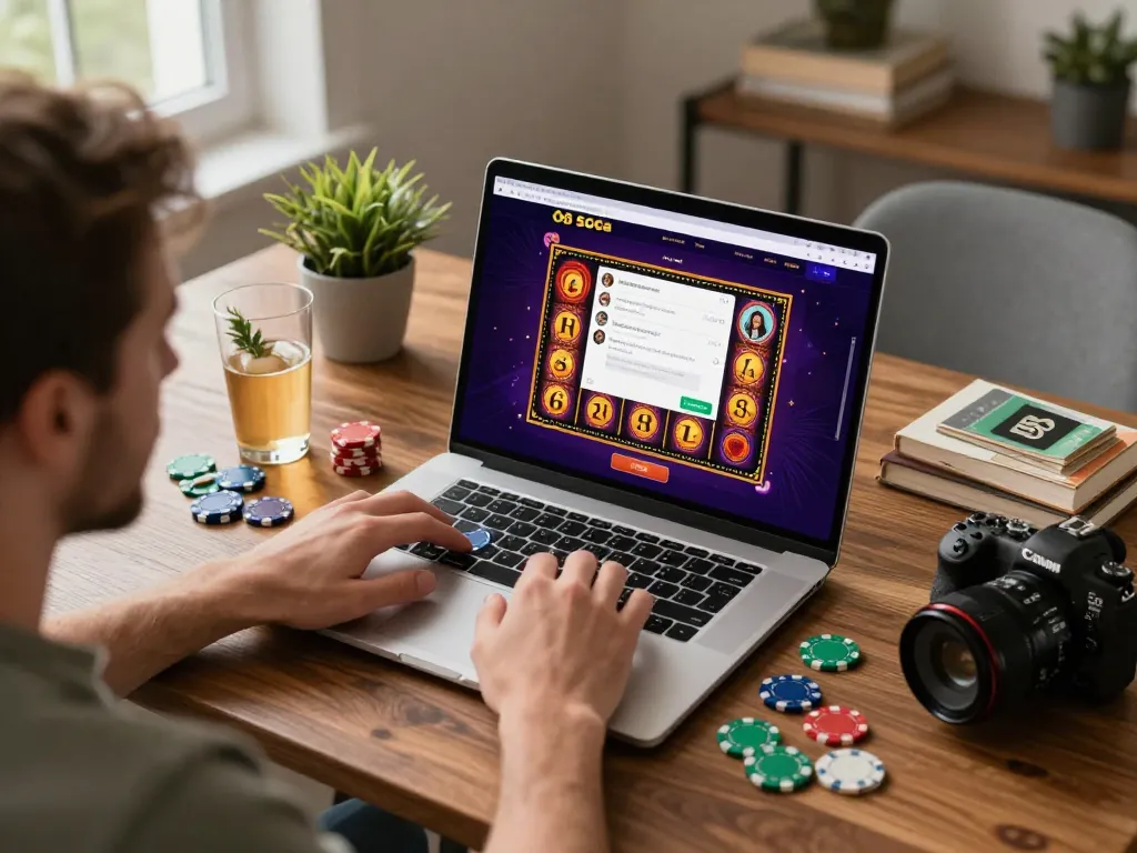Engaging with O8 SOCIAL online gaming, a player enjoys a lively session at home with chips and drinks.