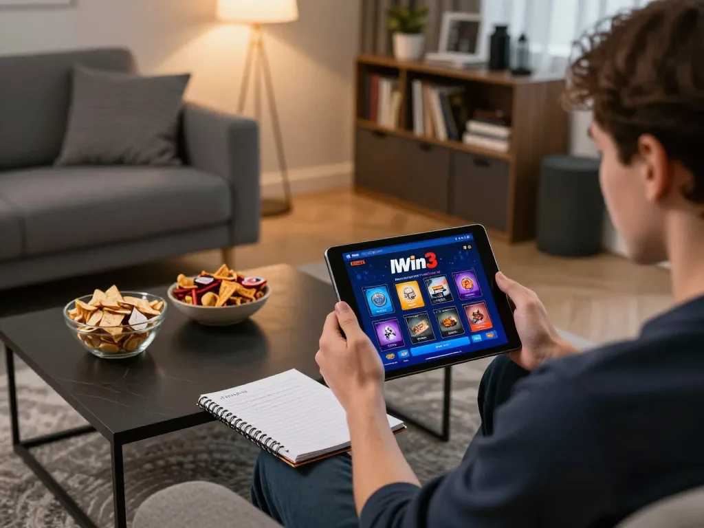 Engaging individual using llwin3 app for online gaming in a cozy home setting with strategic notes
