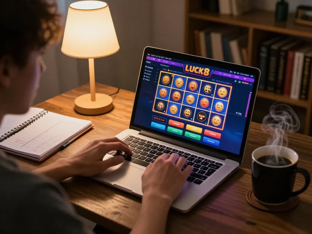 Engaging in online slots at LUCK8, showcasing vibrant game interface and strategic notes.