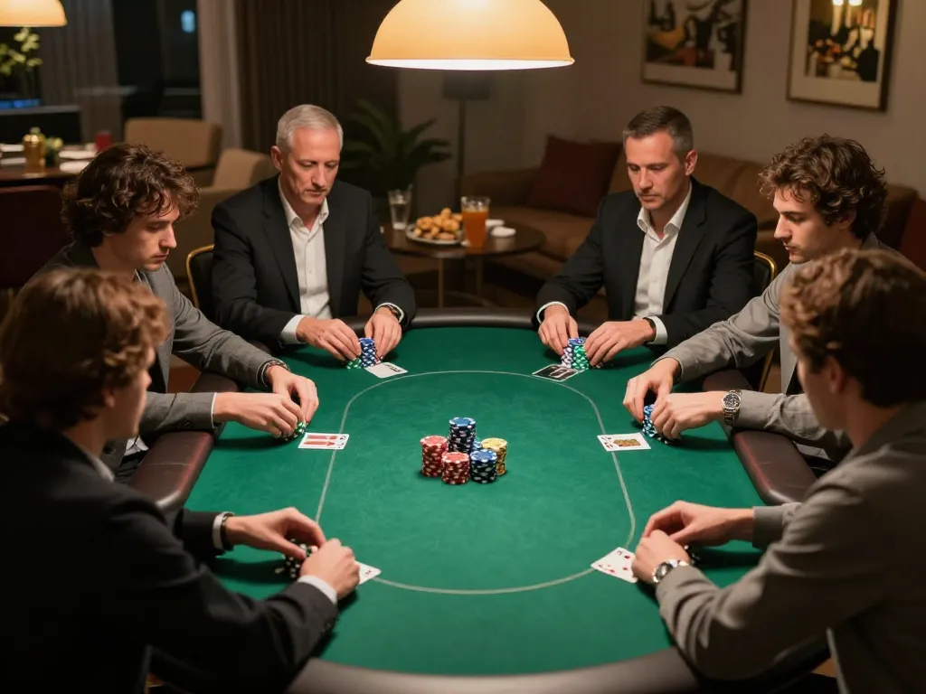 Players strategizing in a fly88 poker game, colorful chips stacked and drinks nearby, depicting a friendly home atmosphere.