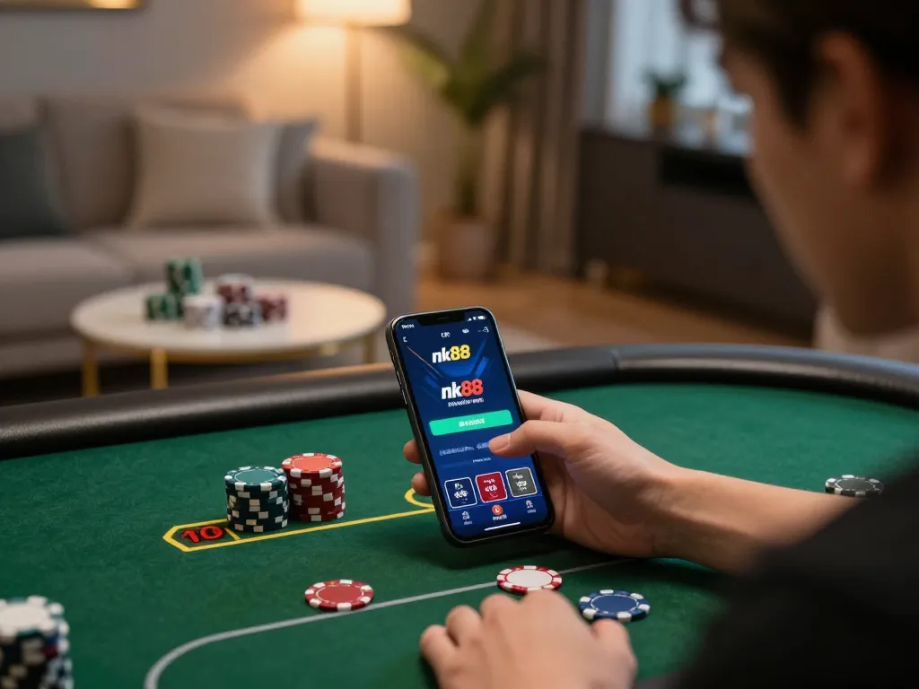 Engaging in online poker gameplay on nk88 mobile app in a cozy setting.