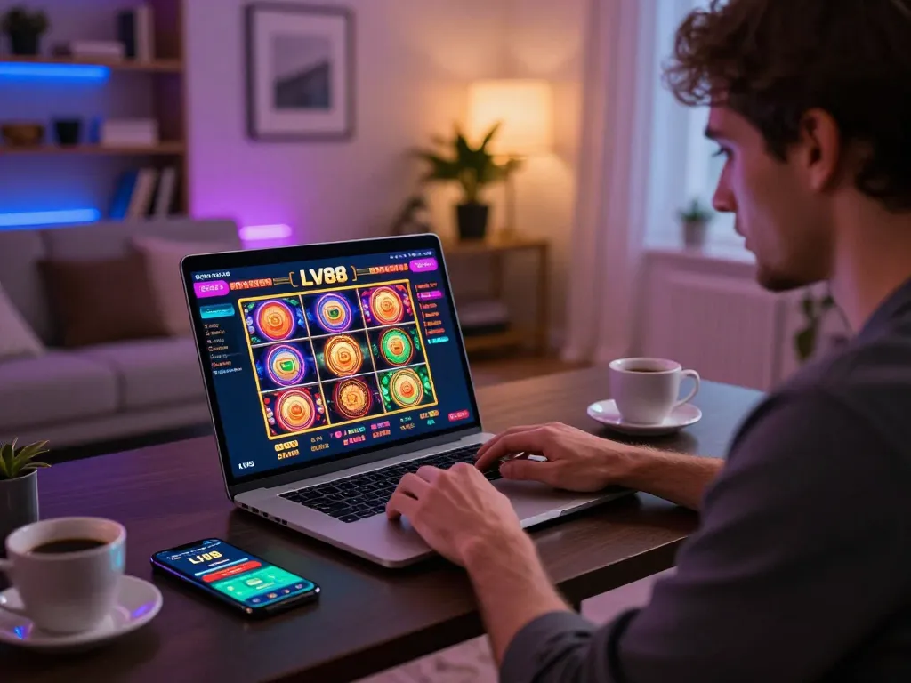 Engage in strategic online gaming with LV88 at your home setup featuring a vibrant casino interface.