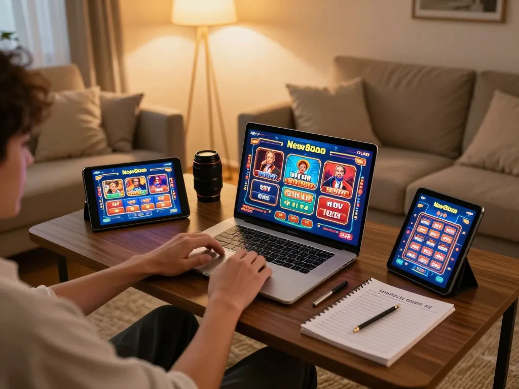 Player engaging with New88 com on a laptop, cozy home gaming setup with strategic notes evident