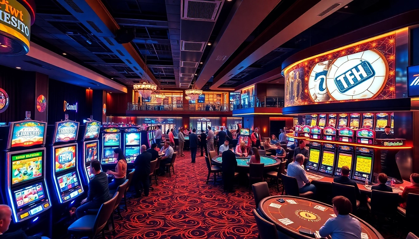 LolaJack Casino zeigt eine aufregende Spielumgebung mit bunten Spielautomaten und fröhlichen Spielern. related image