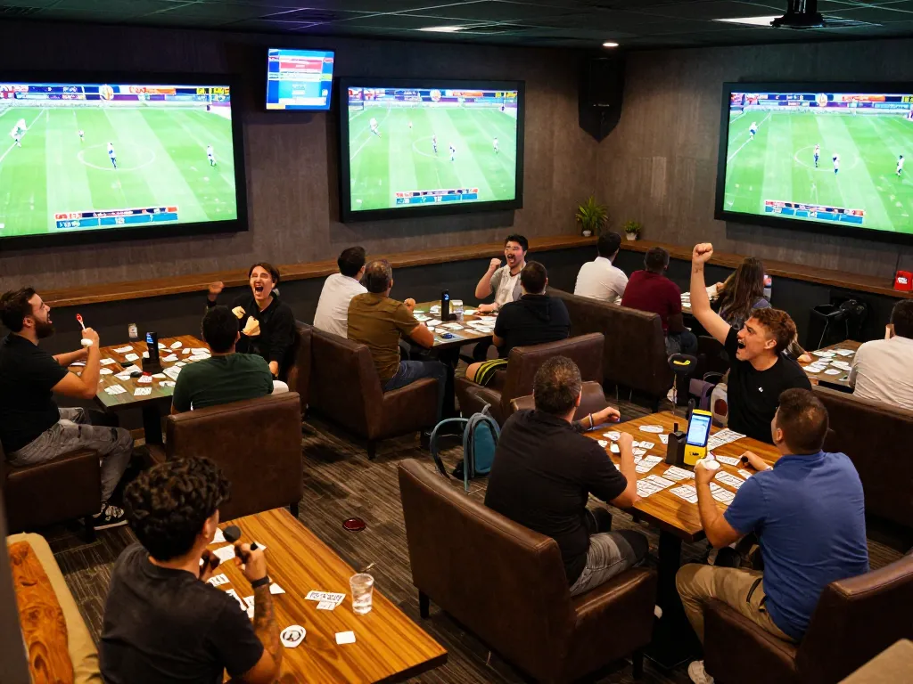 Betting on ฟุตบอล with enthusiastic fans in a vibrant sports lounge celebrating live game