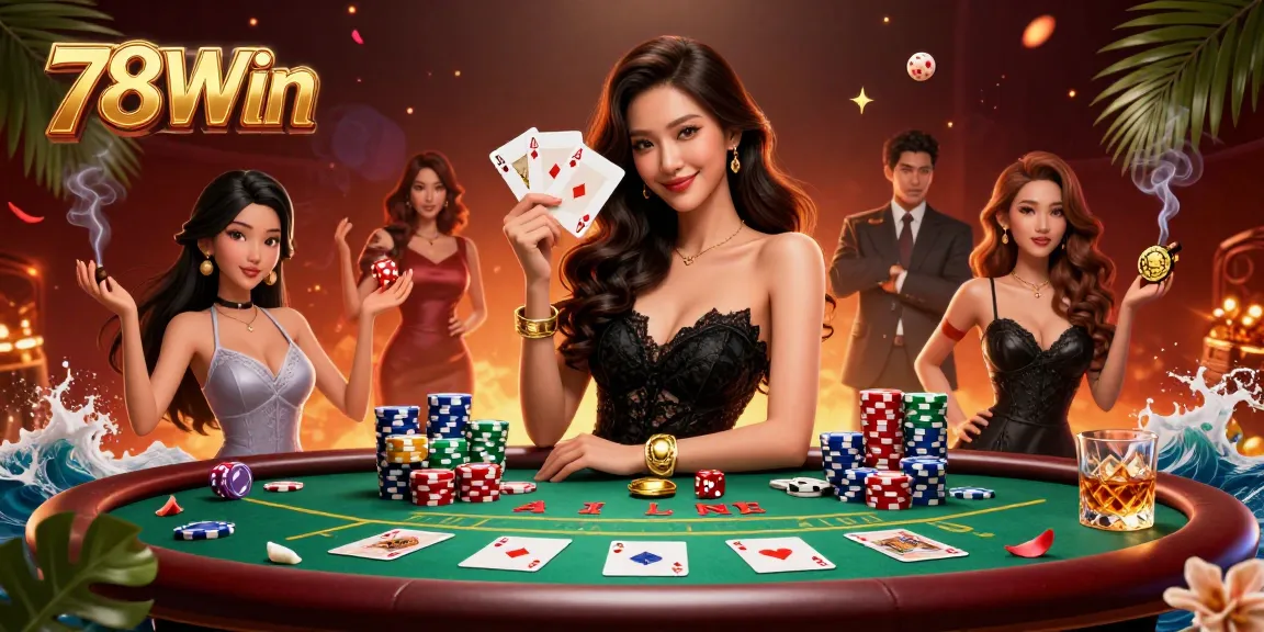 Win big at 78Win with a glamorous Asian woman revealing her winning poker hand in a luxurious casino.