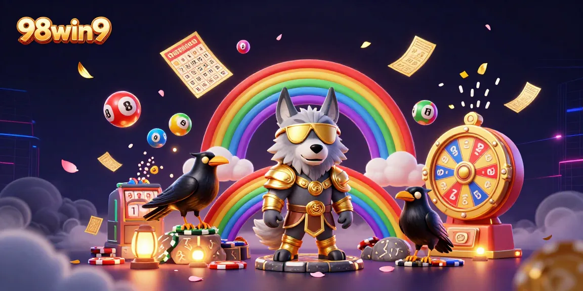 Experience thrilling gaming at 98win9, with vibrant elements and characters celebrating winning moments.