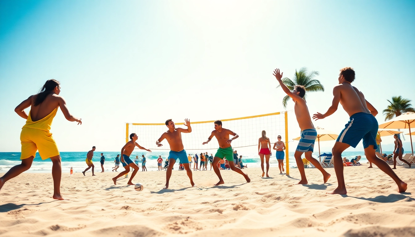 Aktive Spieler von https://thebeachvolleyballcamps.com/ beim Beachvolleyballspiel am sonnigen Strand.