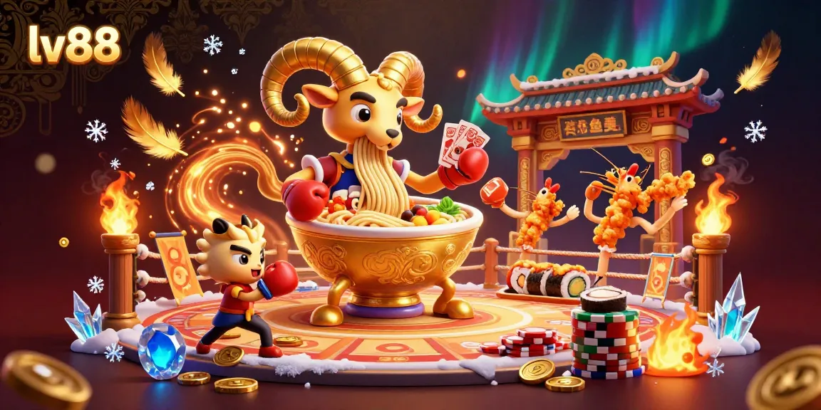 Engage with the vibrant lv88 online casino featuring a golden ramen bowl dealer and colorful game elements.