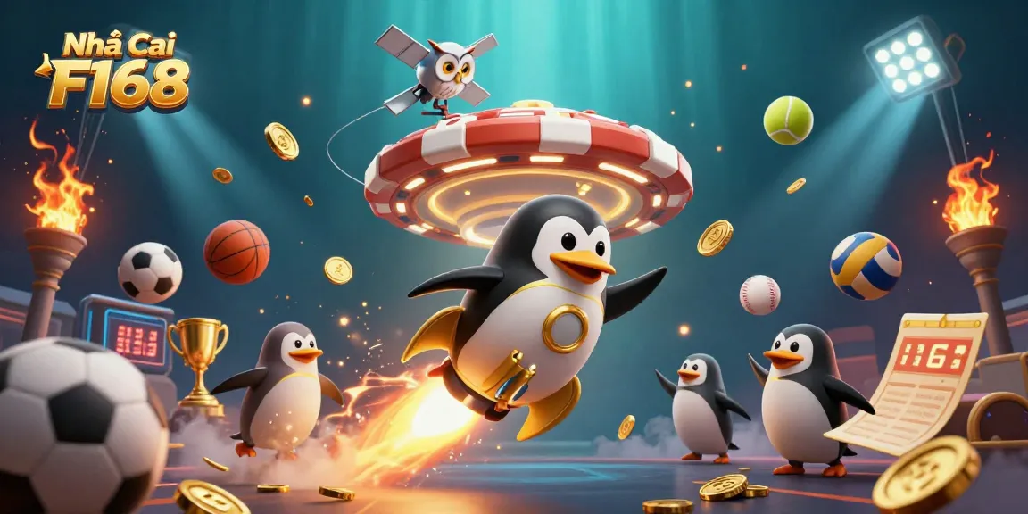 Engage in thrilling action at Nhà cái F168 with a dynamic casino-themed illustration featuring a penguin and vibrant sports elements.