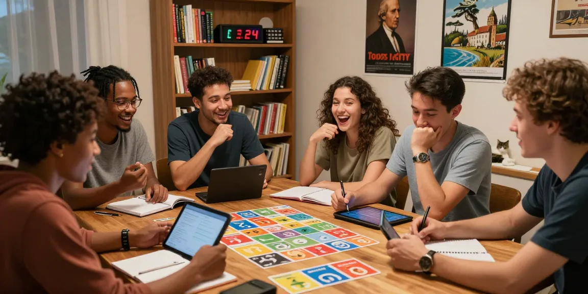 Quiz Allgemeinwissen game in home study with friends, colorful trivia cards, and warm atmosphere.