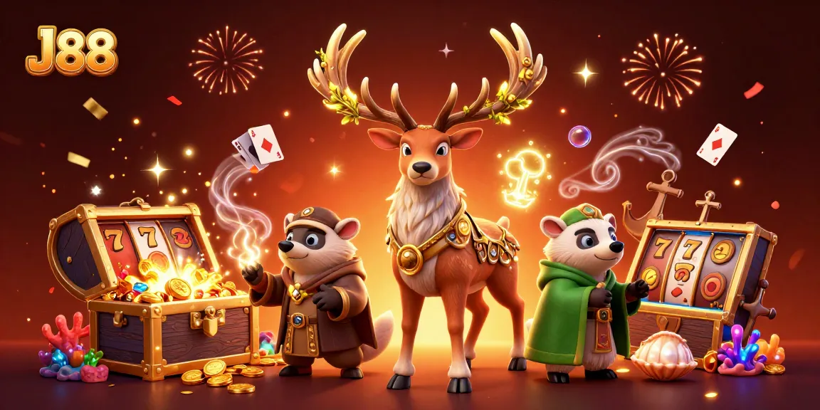 Engage with J88's vibrant casino scene featuring mystical characters and treasures.